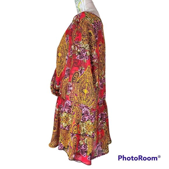 Unique Spectrum Size 3X Red Gold V-Neck Sheer Ruffled Sleeve Bohemian Blouse - Picture 5 of 9